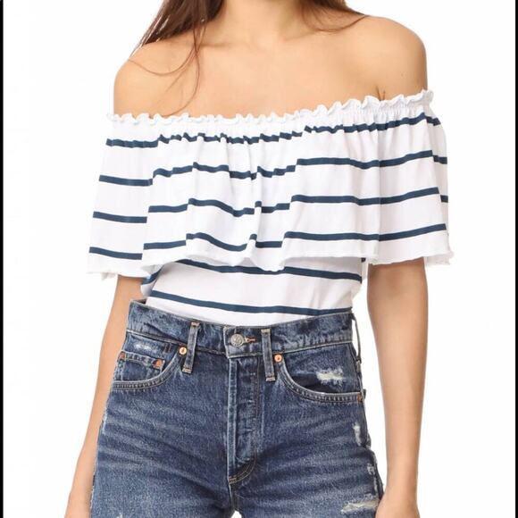 Chaser off the shoulder Bardot too striped pattern navy and white size small - Picture 1 of 9